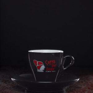 Black and red Italian porcelain espresso cups branded Caffè del Doge