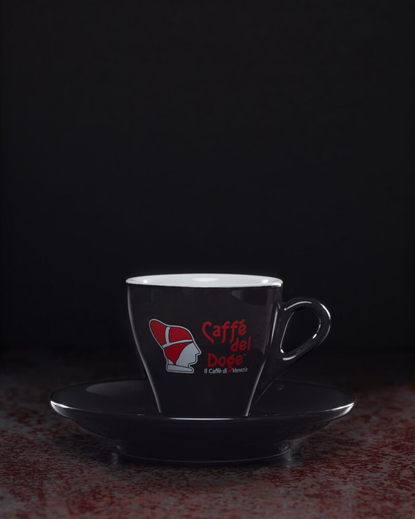 Black and red Italian porcelain espresso cups branded Caffè del Doge