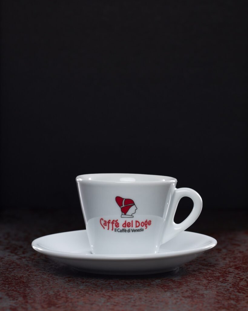 White and red Italian porcelain espresso cups branded Caffè del Doge